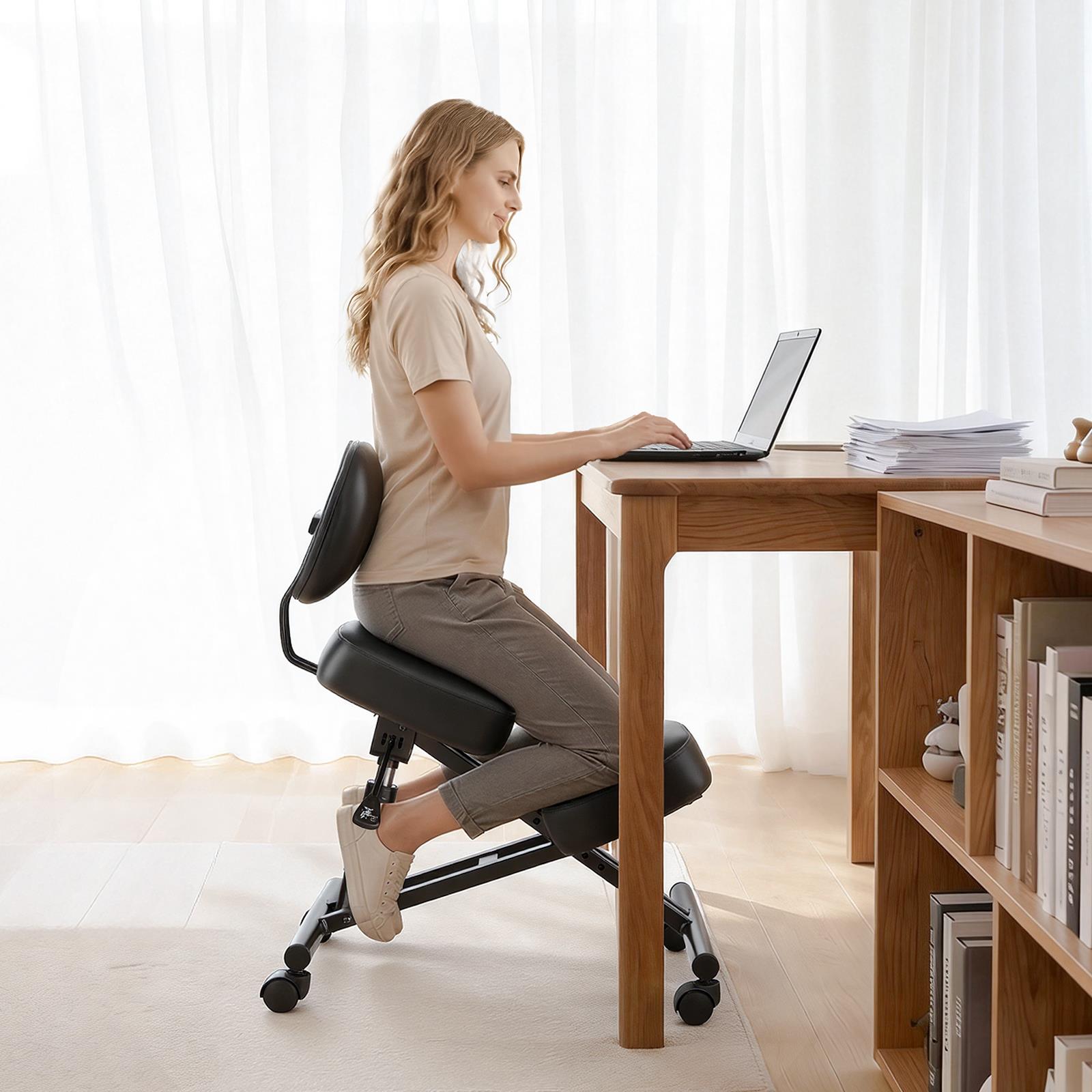 Office Chair Cushion - Ergonomic Kneeling Chair with Backrest Wheels